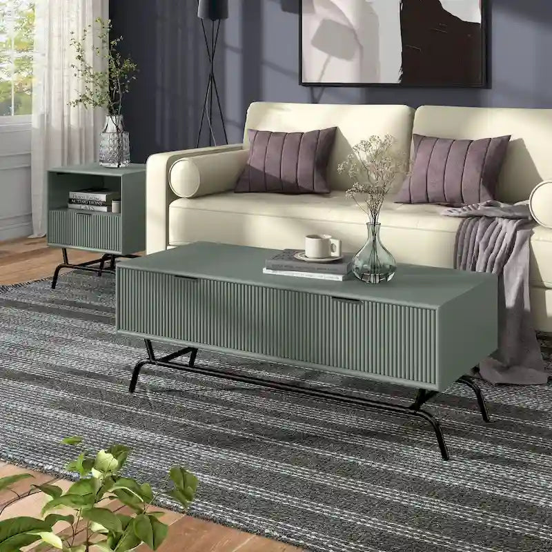 2-Piece Coffee Table and End Table Set with 3D Wave Accent Drawers