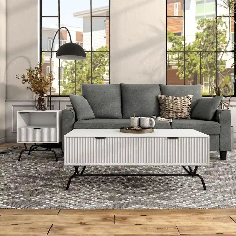2-Piece Coffee Table and End Table Set with 3D Wave Accent Drawers