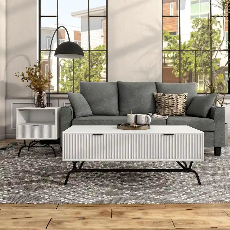 2-Piece Coffee Table and End Table Set with 3D Wave Accent Drawers
