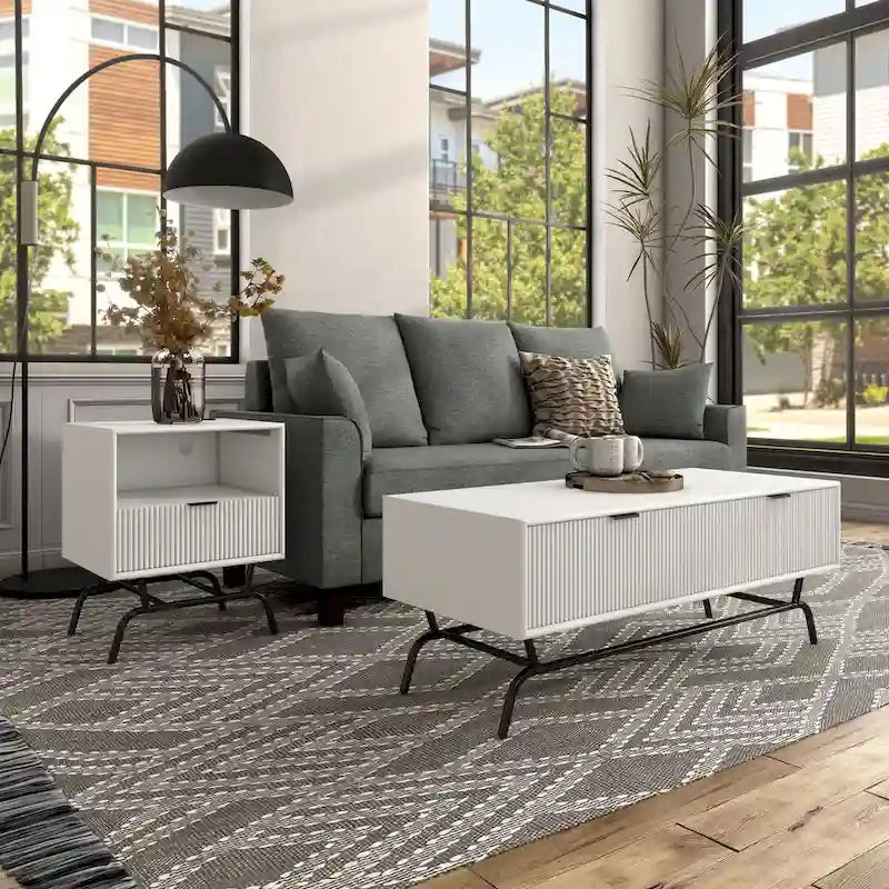 2-Piece Coffee Table and End Table Set with 3D Wave Accent Drawers