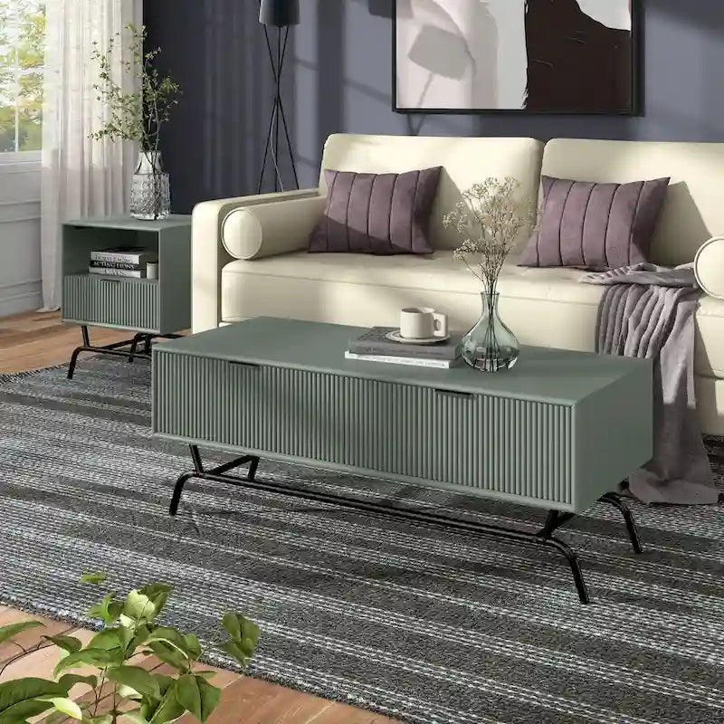 2-Piece Coffee Table and End Table Set with 3D Wave Accent Drawers