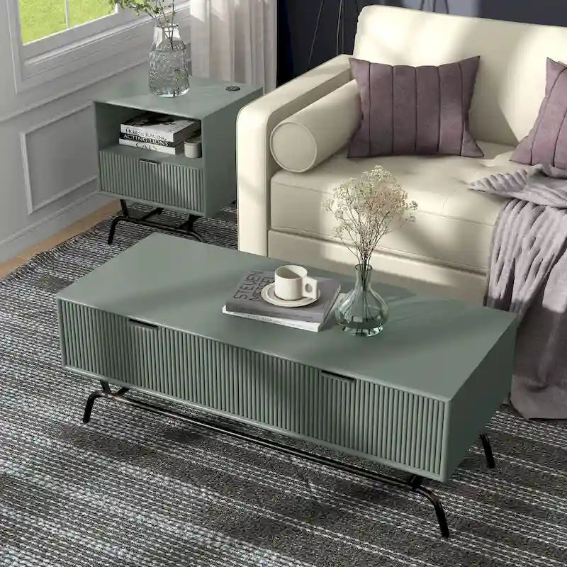 2-Piece Coffee Table and End Table Set with 3D Wave Accent Drawers