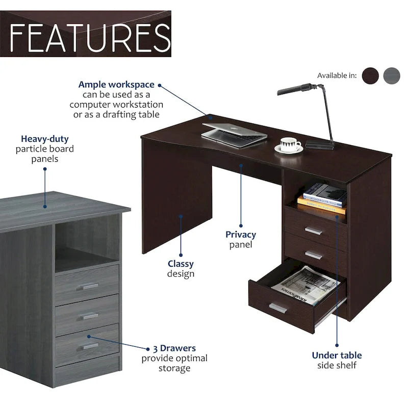 3-Drawer Computer Desk - Grey