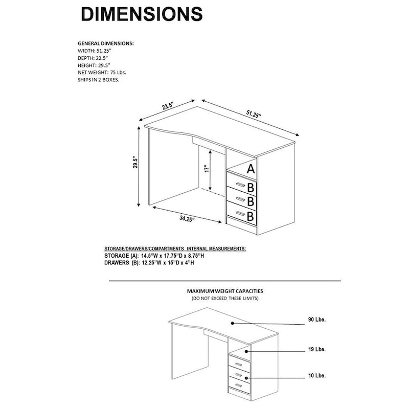 3-Drawer Computer Desk - Grey