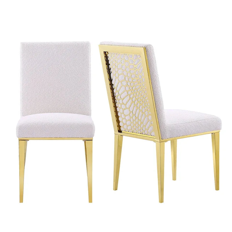 White Boucle Dining Chairs with Gold Metal Legs