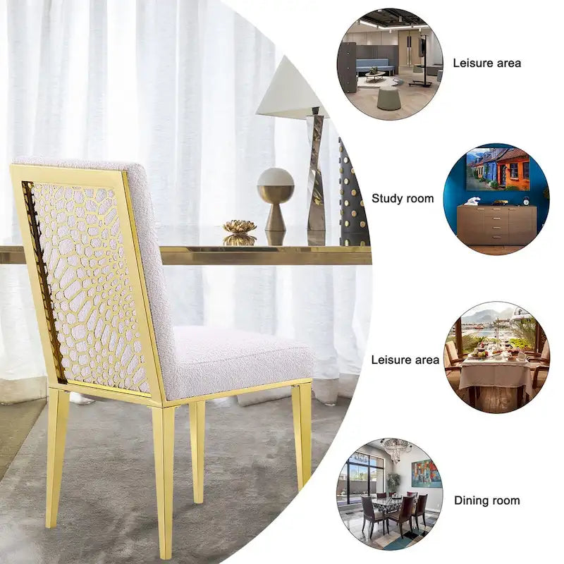 White Boucle Dining Chairs with Gold Metal Legs