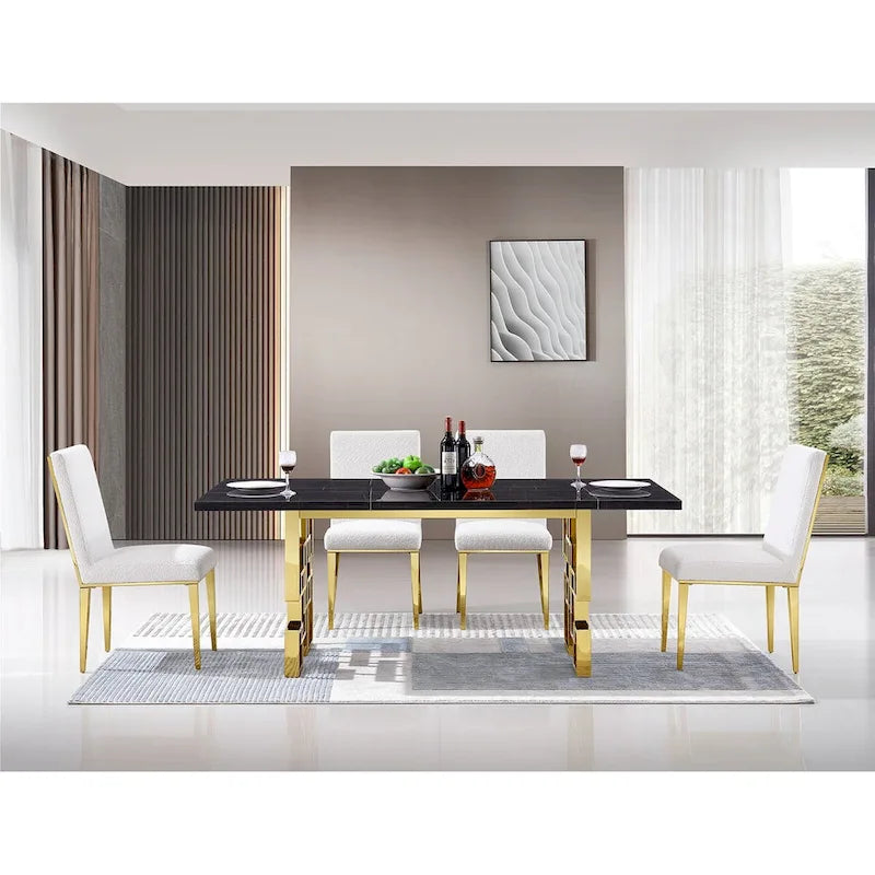 White Boucle Dining Chairs with Gold Metal Legs